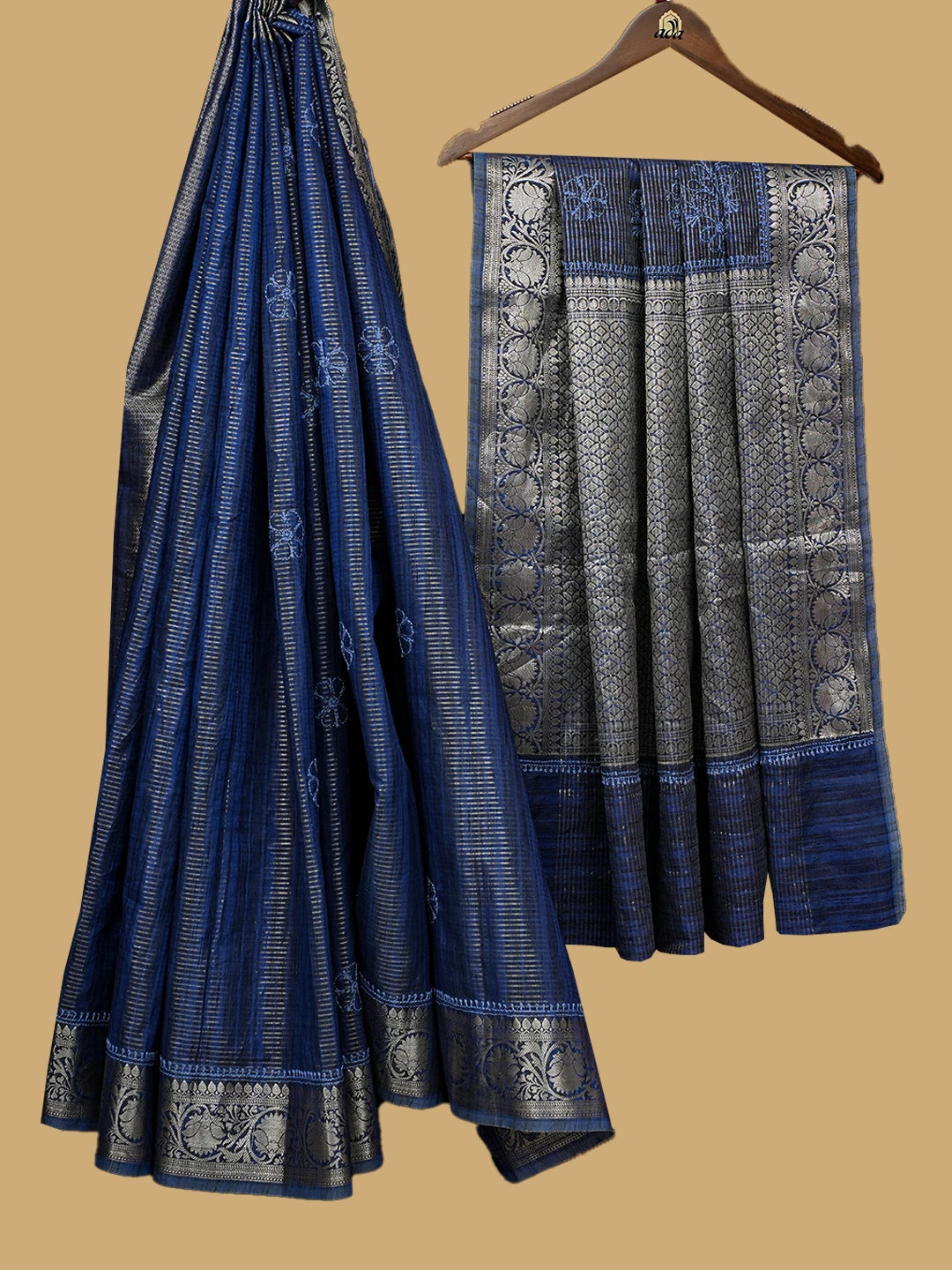 Ada Hand Embroidered Blue Chanderi Lucknowi Chikankari Saree With Blouse 01A757928