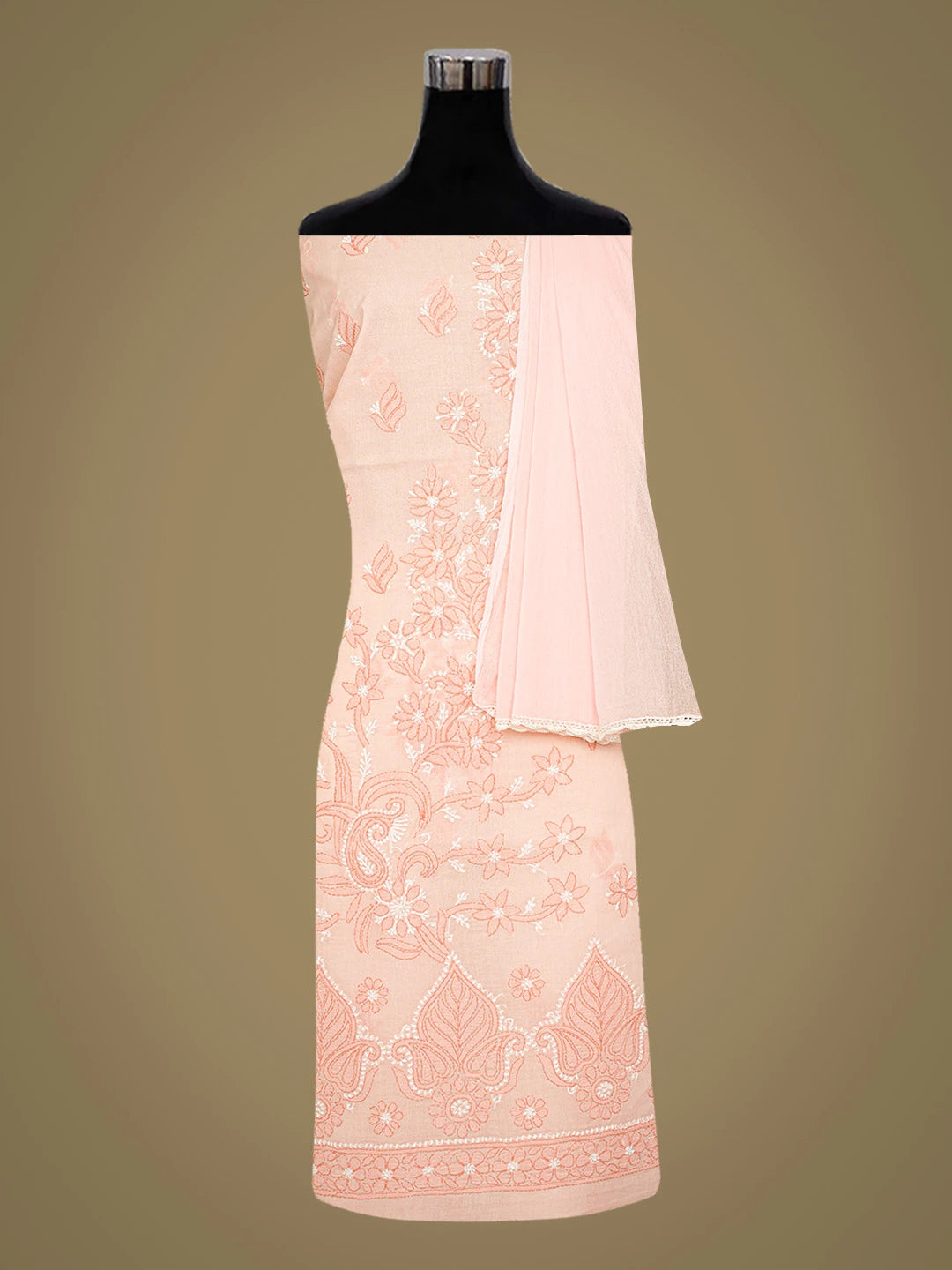 Ada Hand Embroidered Peach Pink Cotton Lucknowi Chikankari Unstitched Suit Piece 01A787035