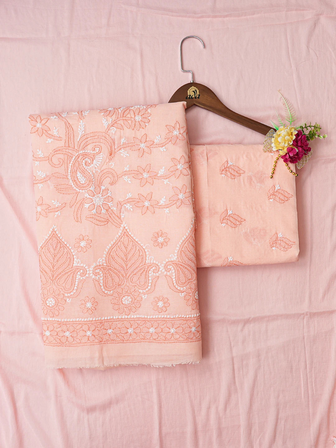 Ada Hand Embroidered Peach Pink Cotton Lucknowi Chikankari Unstitched Suit Piece 01A787035
