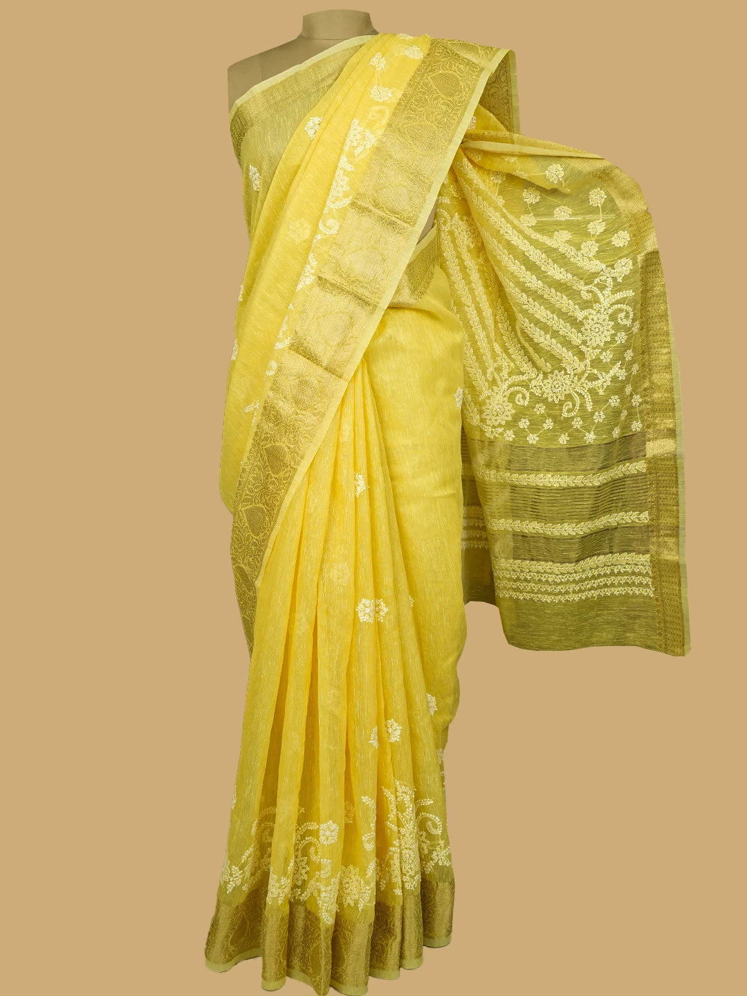 Ada Hand Embroidered Yellow Chanderi Lucknowi Chikankari Saree With Blouse 01A774097