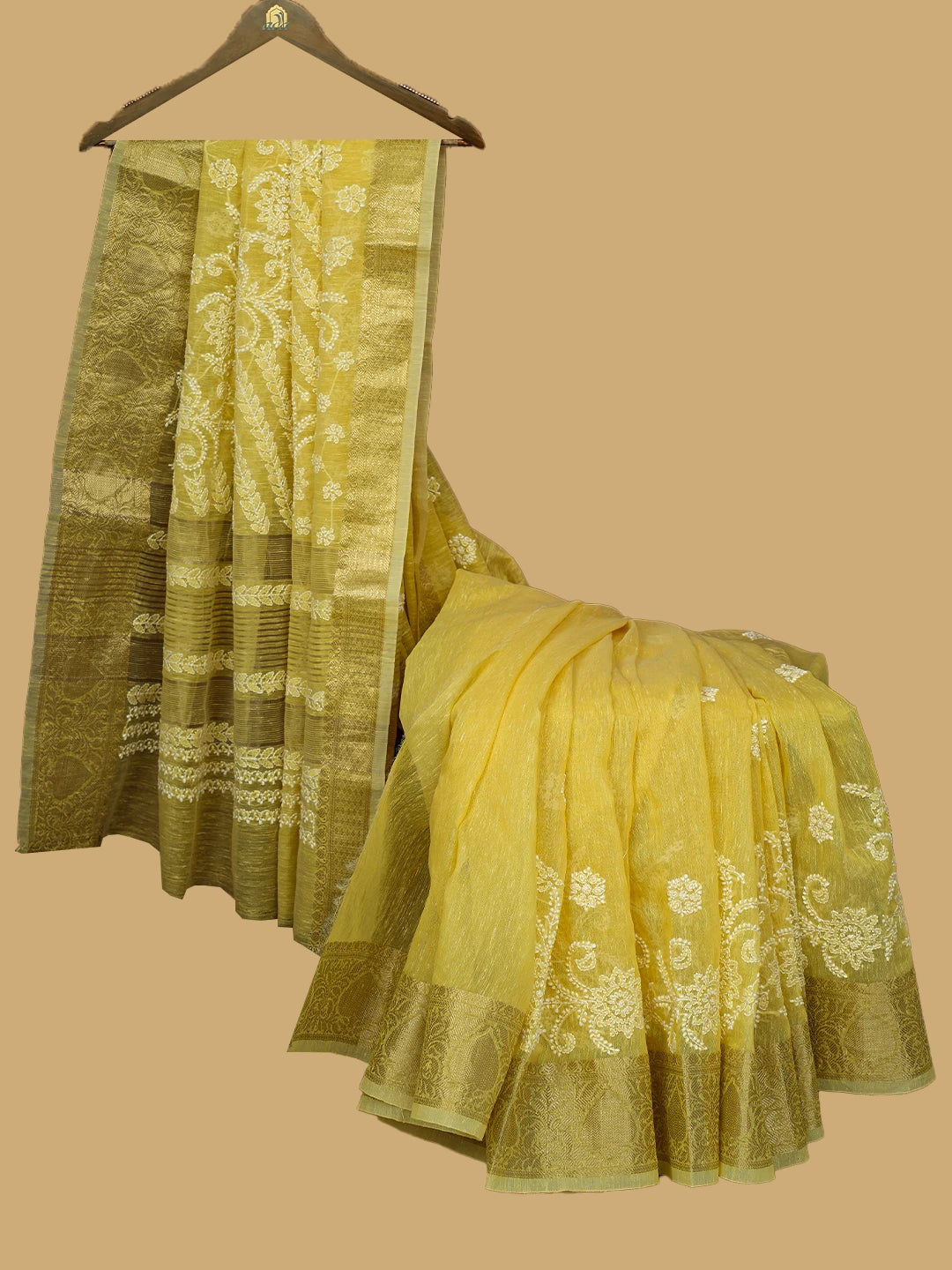 Ada Hand Embroidered Yellow Chanderi Lucknowi Chikankari Saree With Blouse 01A774097
