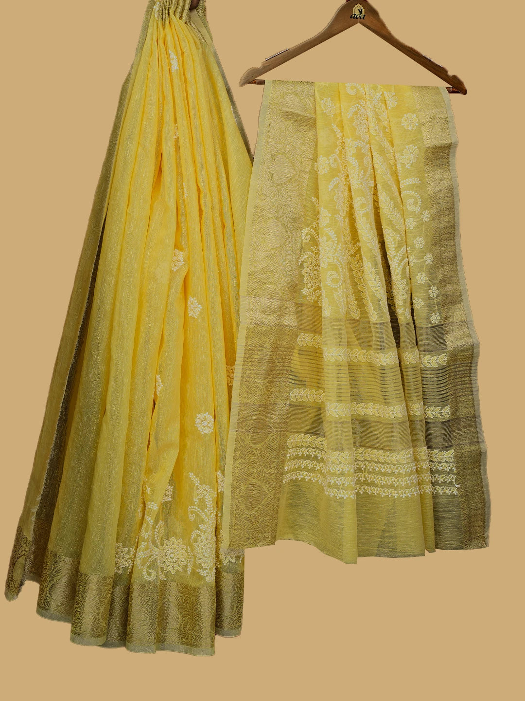 Ada Hand Embroidered Yellow Chanderi Lucknowi Chikankari Saree With Blouse 01A774097