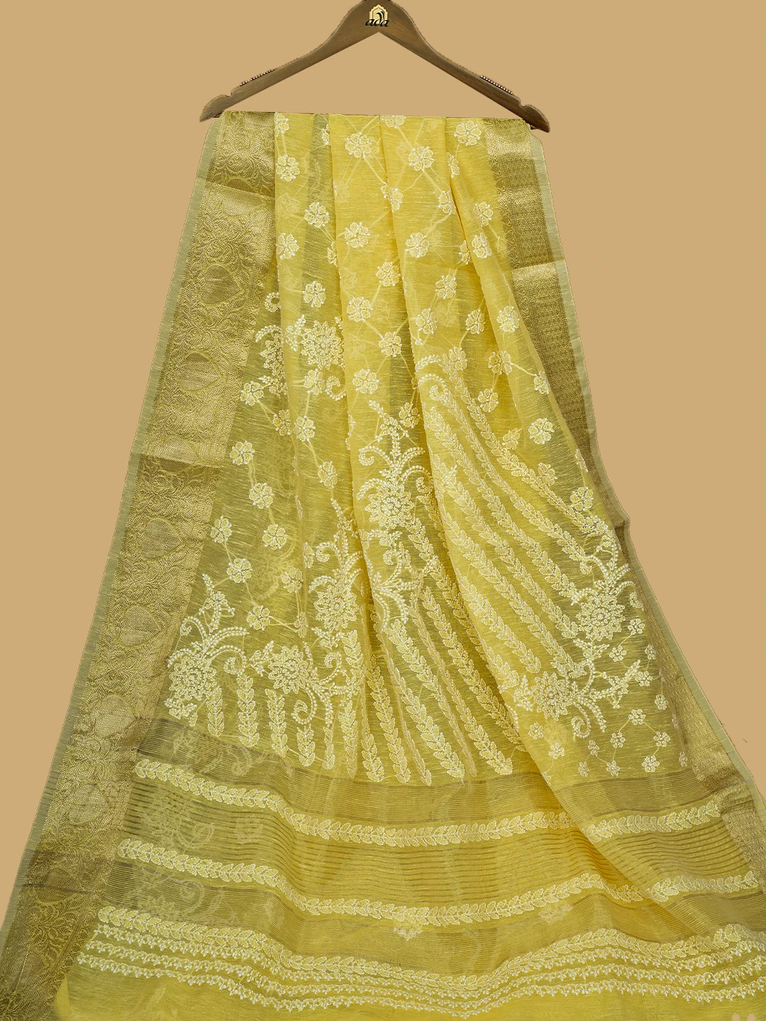 Ada Hand Embroidered Yellow Chanderi Lucknowi Chikankari Saree With Blouse 01A774097