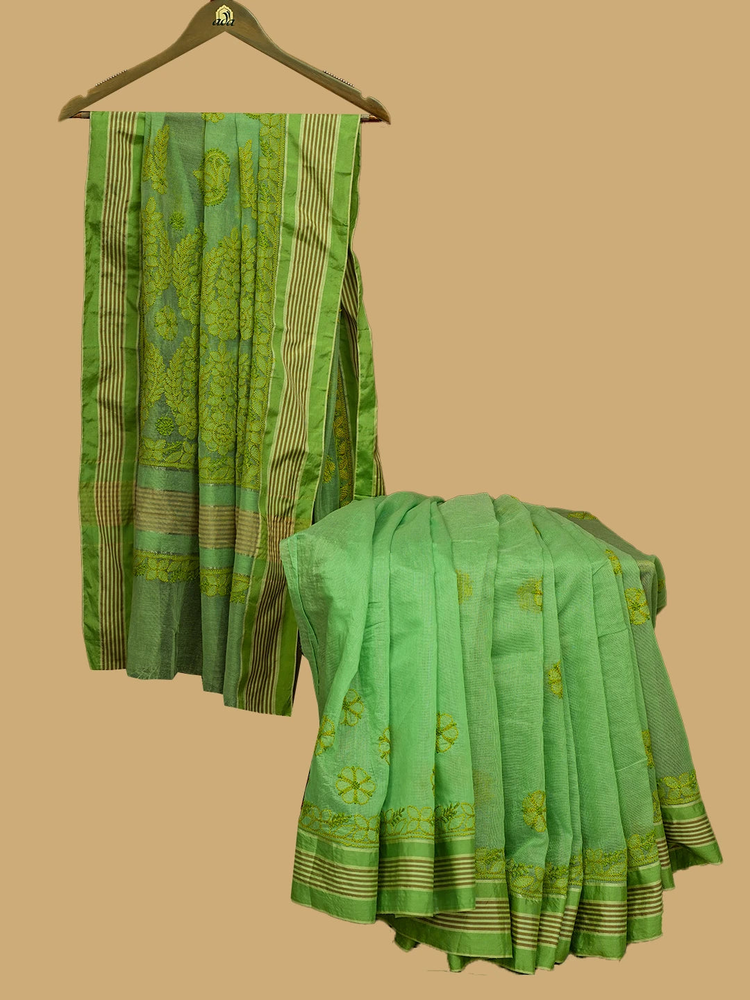 Ada Hand Embroidered Green Kota Chanderi Lucknowi Chikankari Saree With Blouse 01A680977