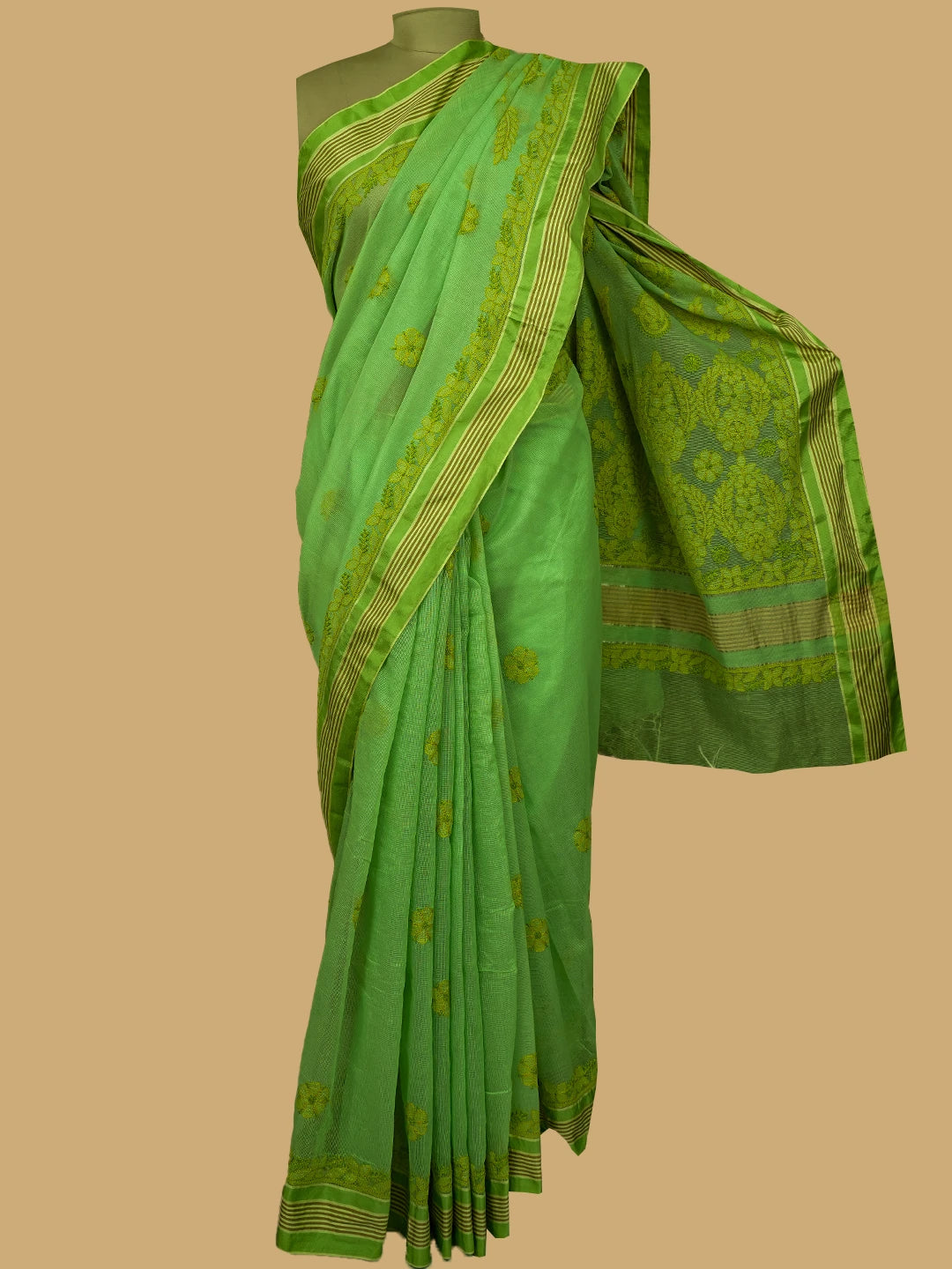 Ada Hand Embroidered Green Kota Chanderi Lucknowi Chikankari Saree With Blouse 01A680977