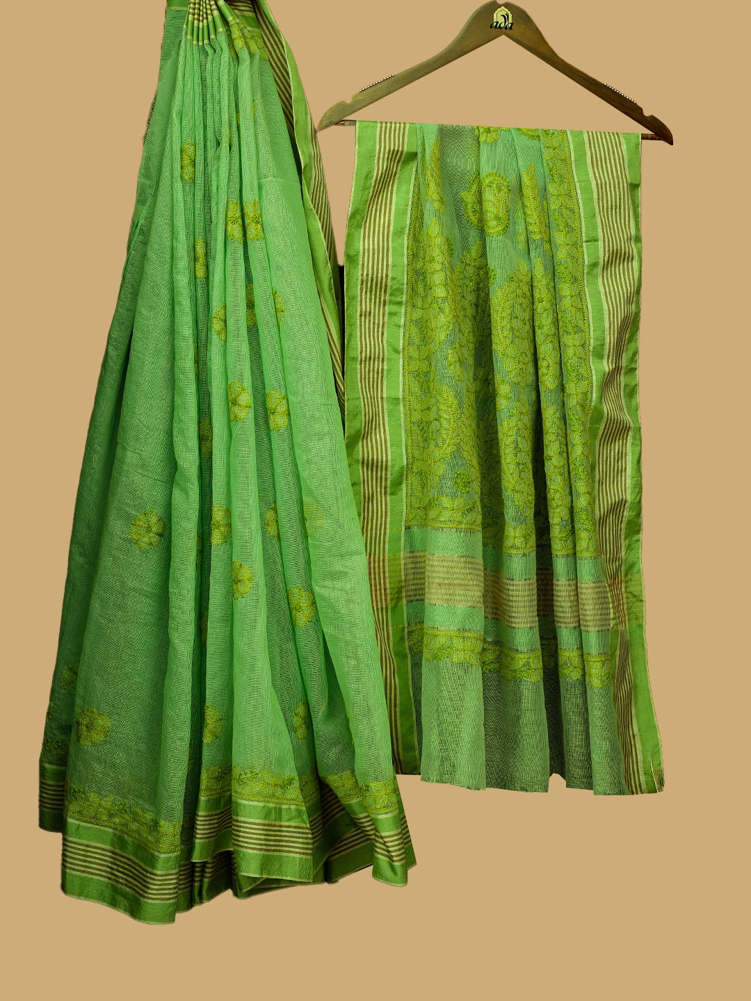 Ada Hand Embroidered Green Kota Chanderi Lucknowi Chikankari Saree With Blouse 01A680977