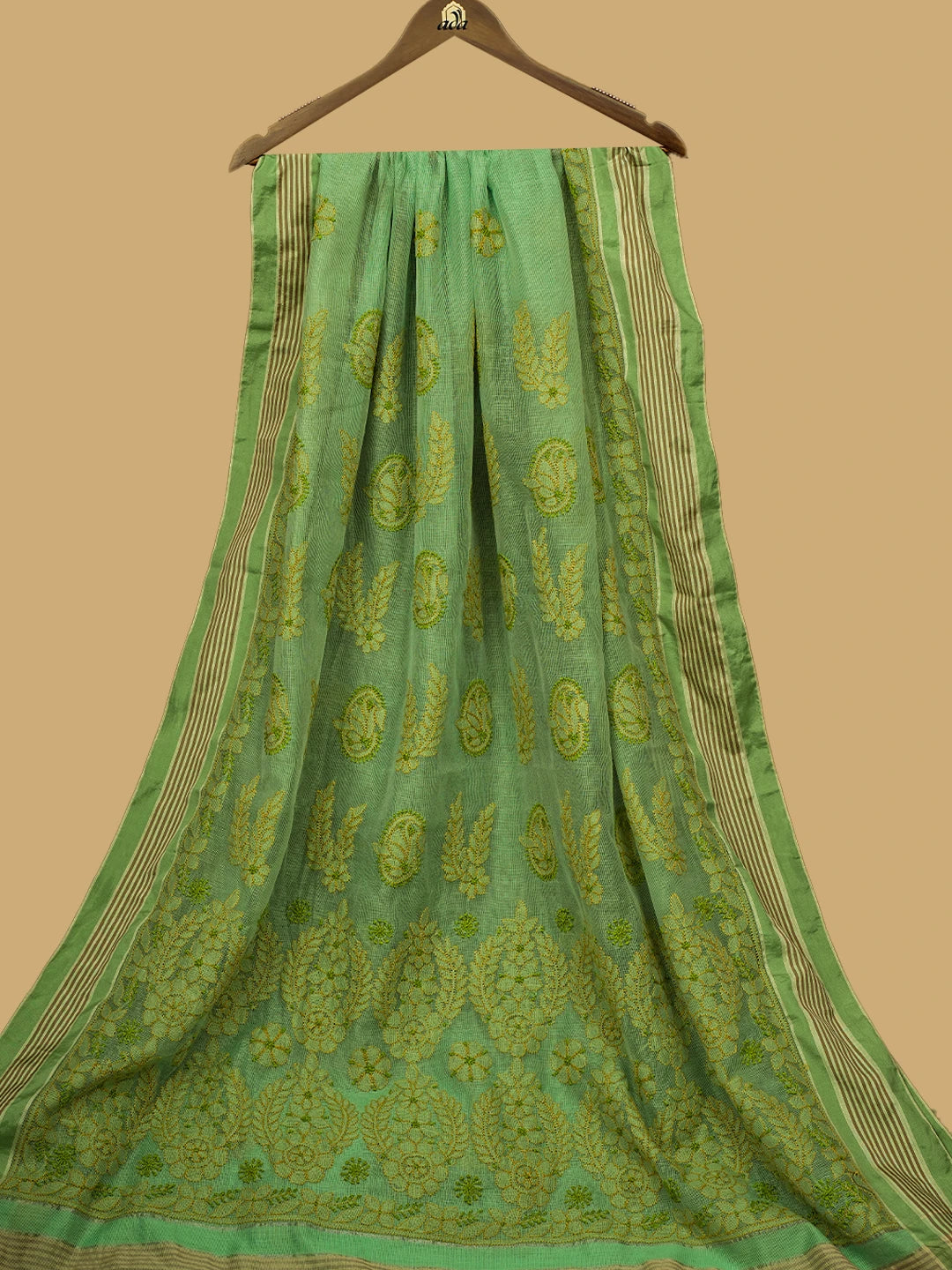 Ada Hand Embroidered Green Kota Chanderi Lucknowi Chikankari Saree With Blouse 01A680977