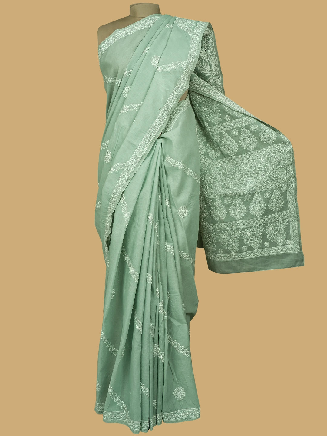 Ada Hand Embroidered Grey Cotton Lucknowi Chikankari Saree and Blouse 01A777347