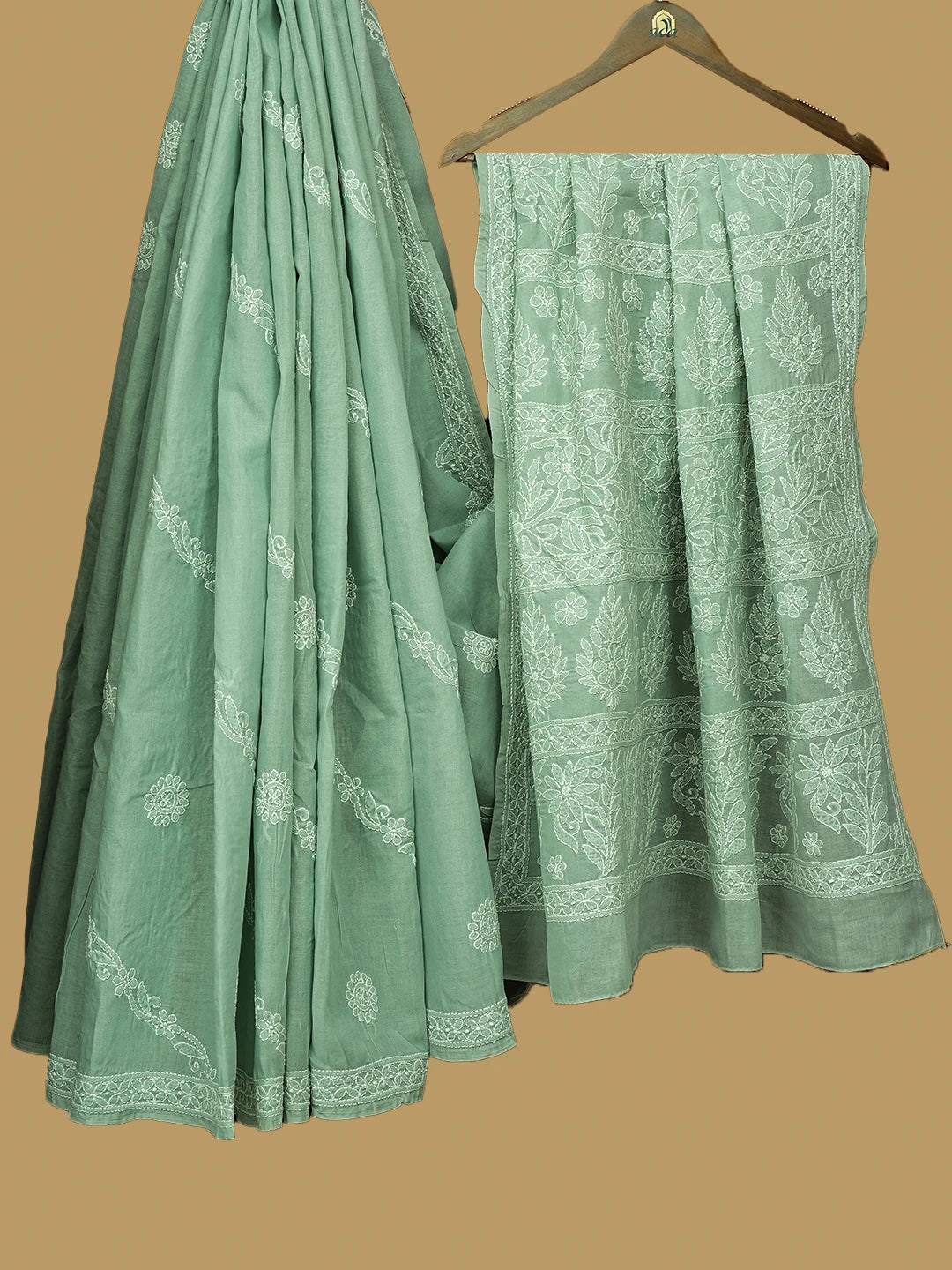 Ada Hand Embroidered Grey Cotton Lucknowi Chikankari Saree and Blouse 01A777347