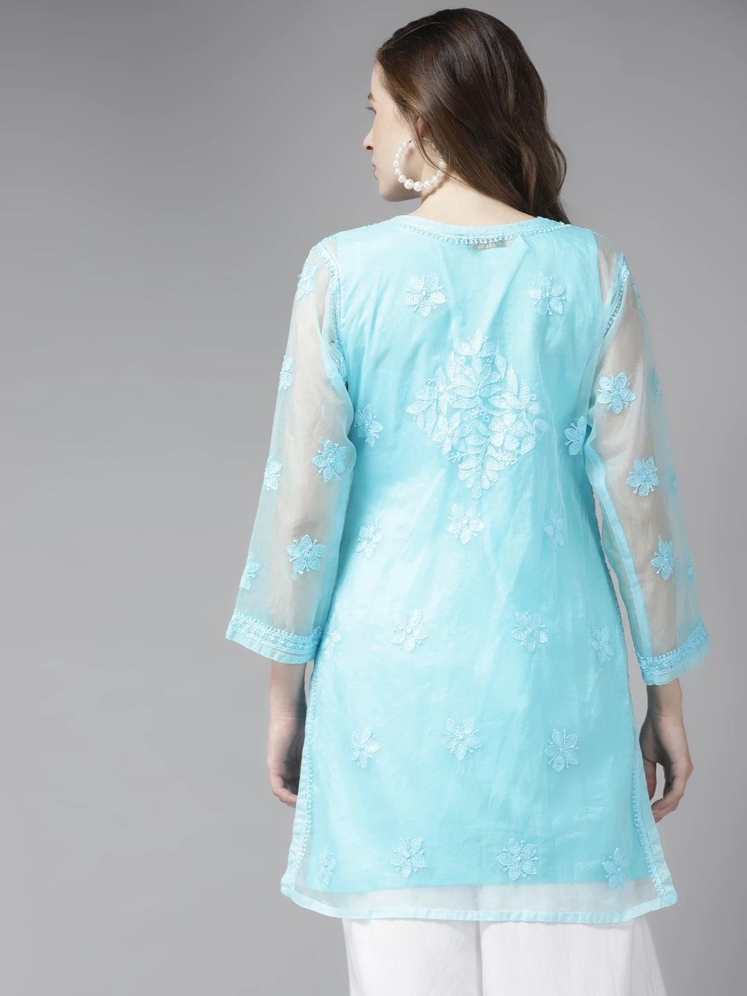 Ada Hand Embroidered Blue Organza Lucknowi Chikankari Short Kurti With Slip A911166