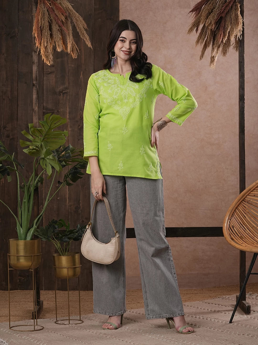 Ada Hand Embroidered Green Cotton Lucknowi Chikankari Kurti A534712