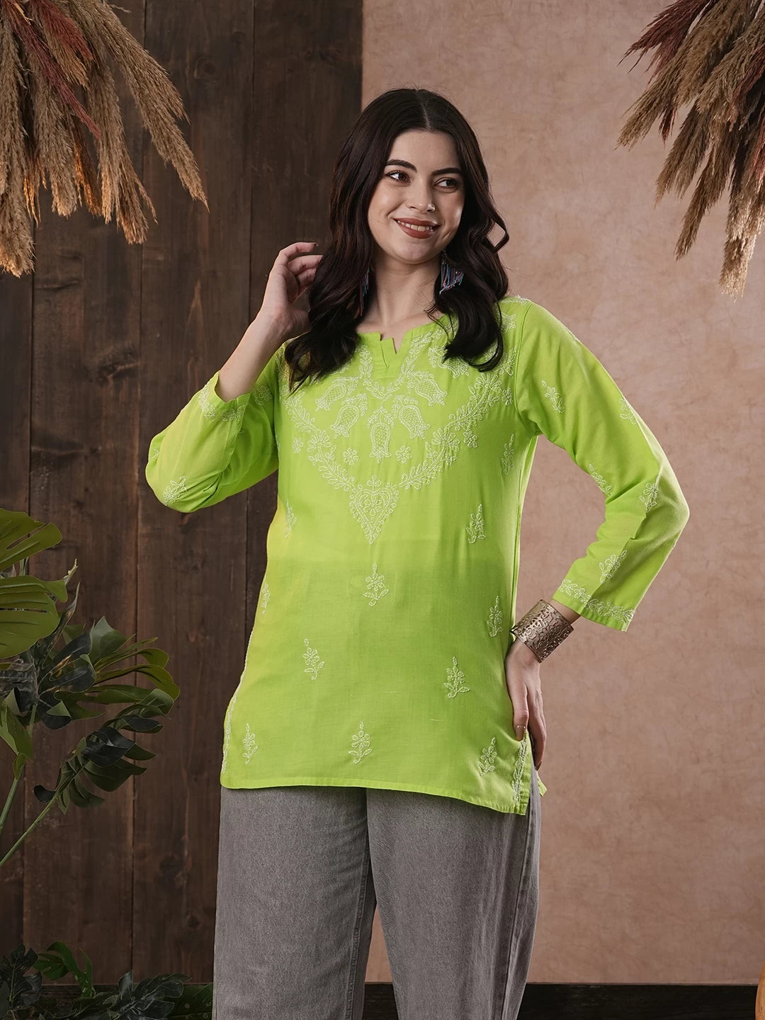 Ada Hand Embroidered Green Cotton Lucknowi Chikankari Kurti A534712