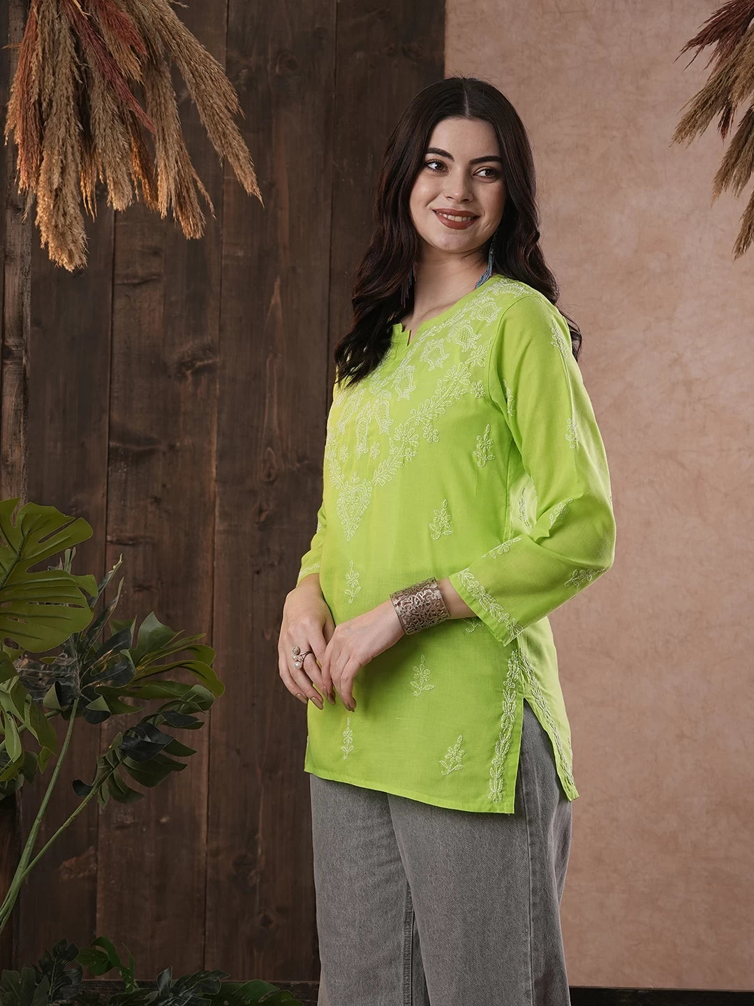 Ada Hand Embroidered Green Cotton Lucknowi Chikankari Kurti A534712