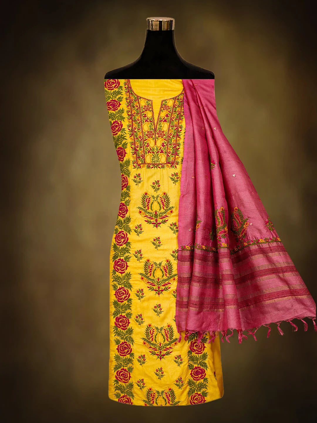 Ada Hand Embroidered Yellow Silk Lucknowi Chikankari Unstitched Suit Piece With Mukaish Work 01A589247