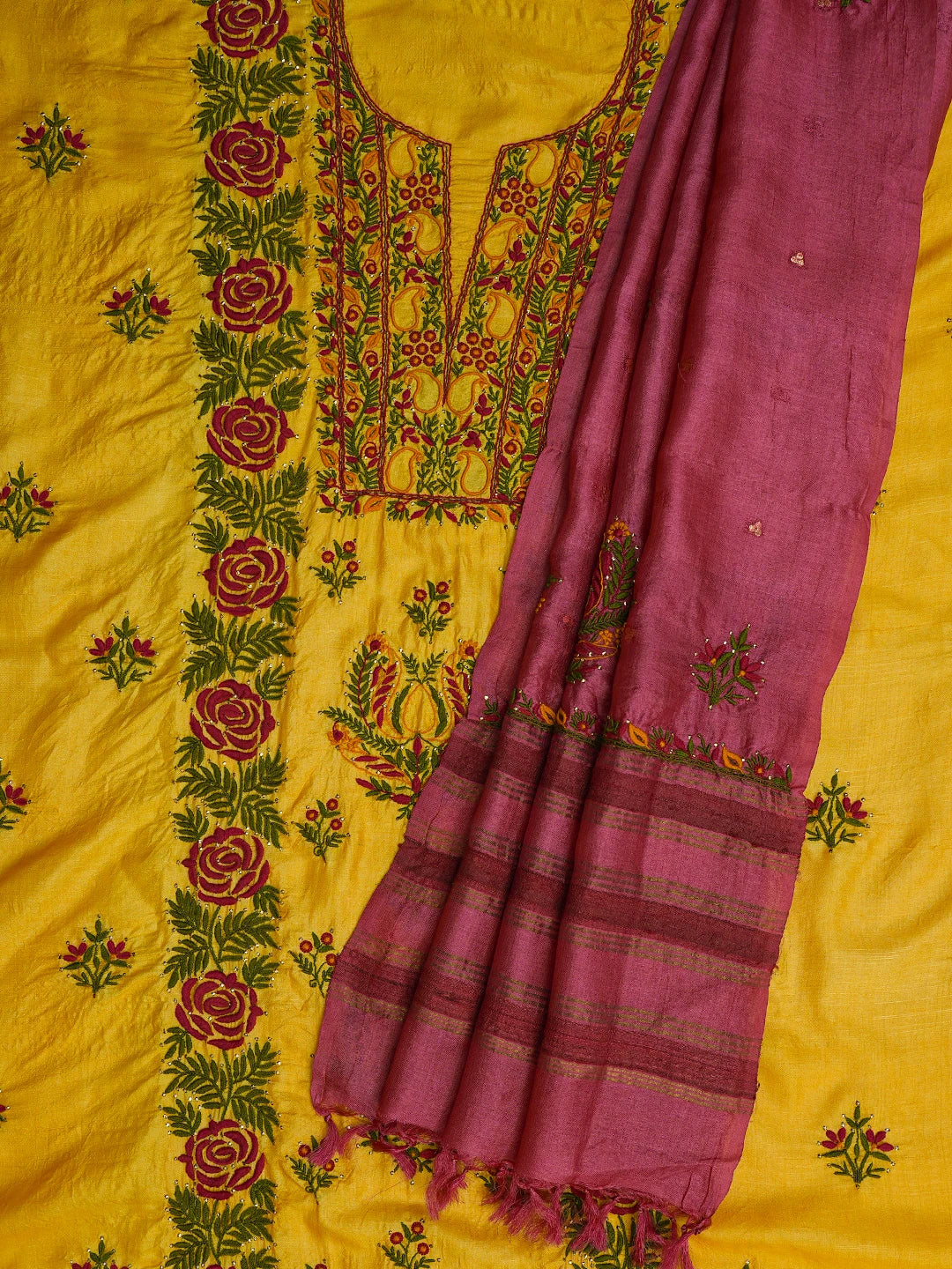 Ada Hand Embroidered Yellow Silk Lucknowi Chikankari Unstitched Suit Piece With Mukaish Work 01A589247