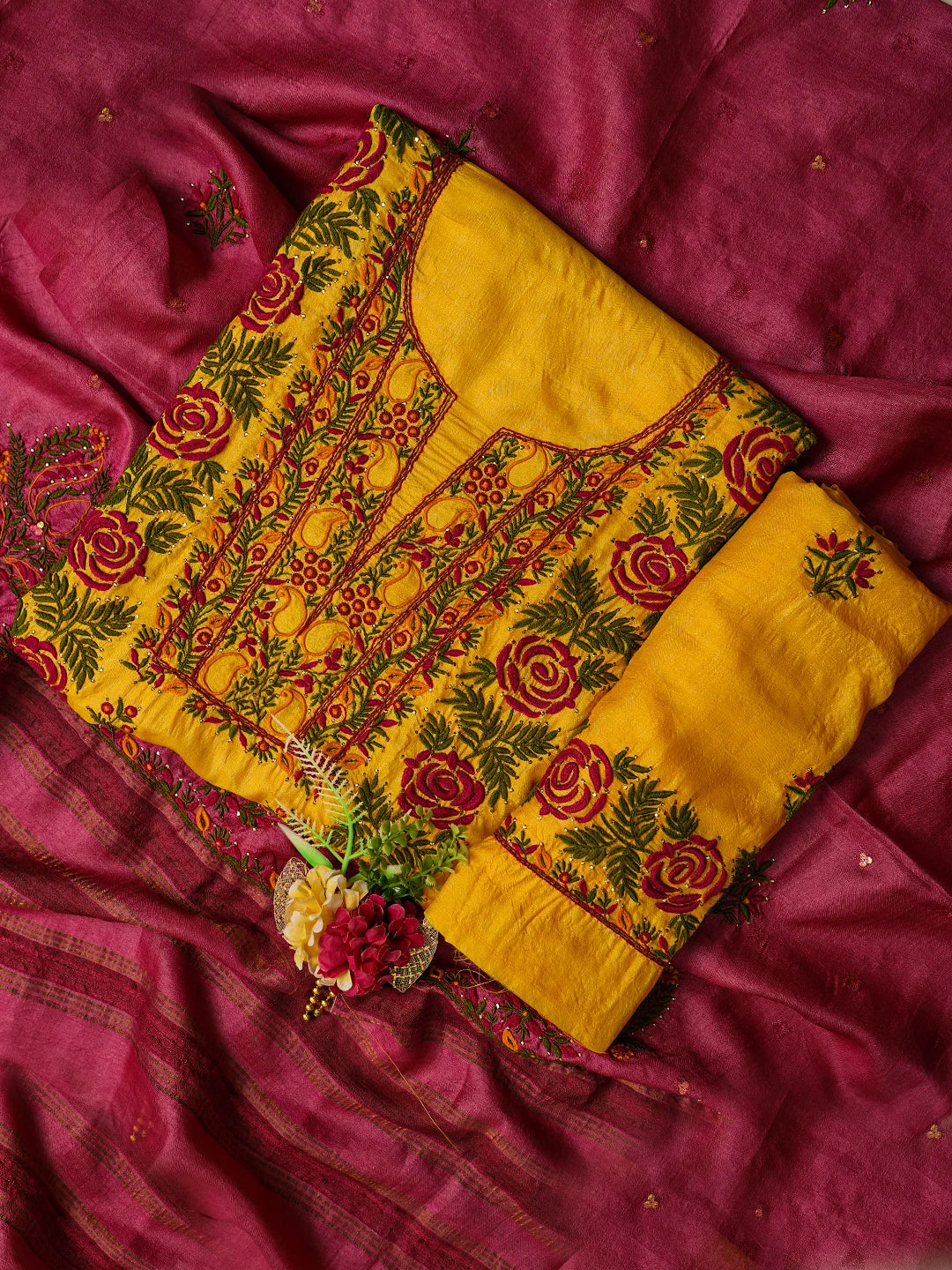 Ada Hand Embroidered Yellow Silk Lucknowi Chikankari Unstitched Suit Piece With Mukaish Work 01A589247
