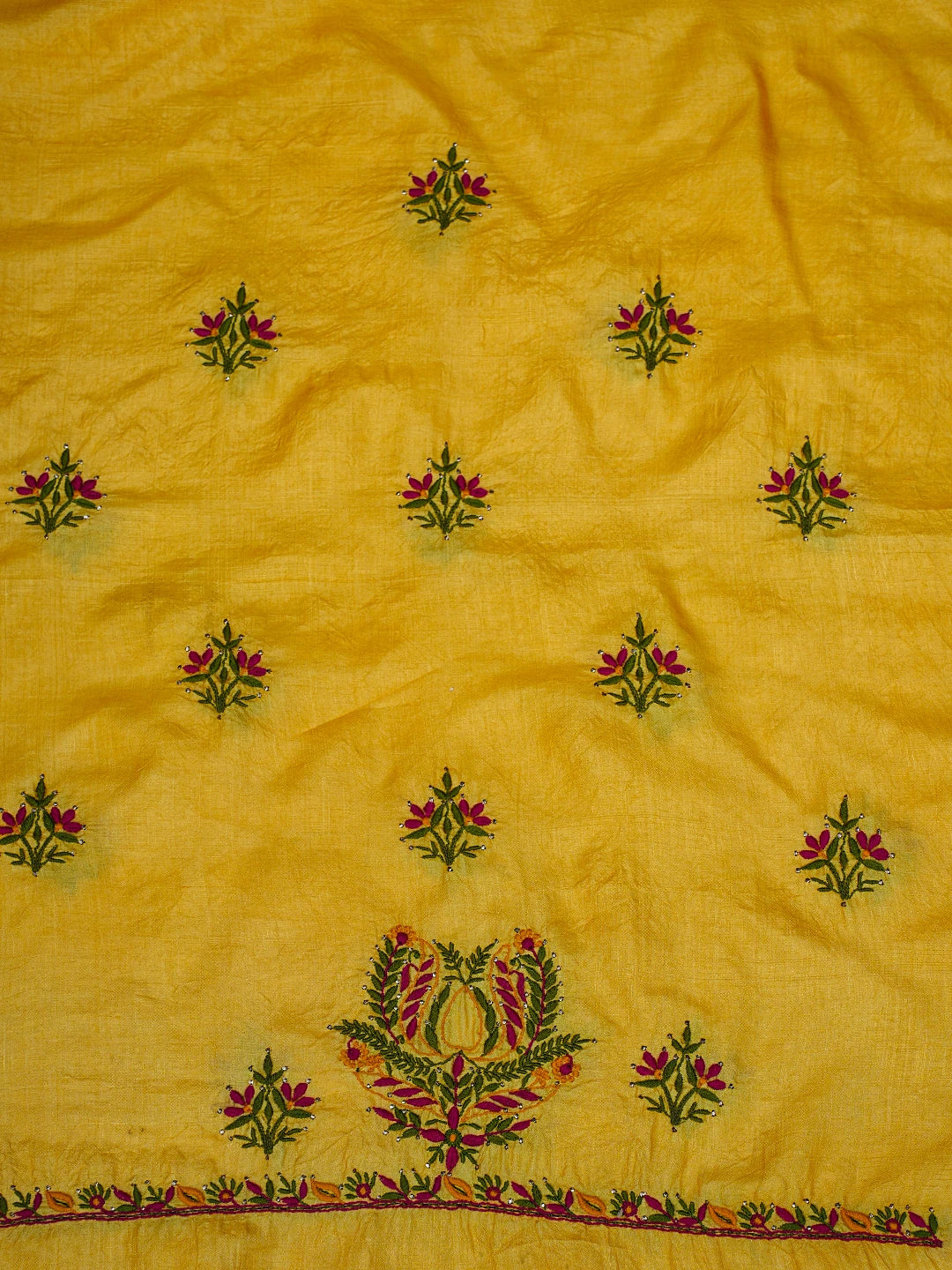 Ada Hand Embroidered Yellow Silk Lucknowi Chikankari Unstitched Suit Piece With Mukaish Work 01A589247