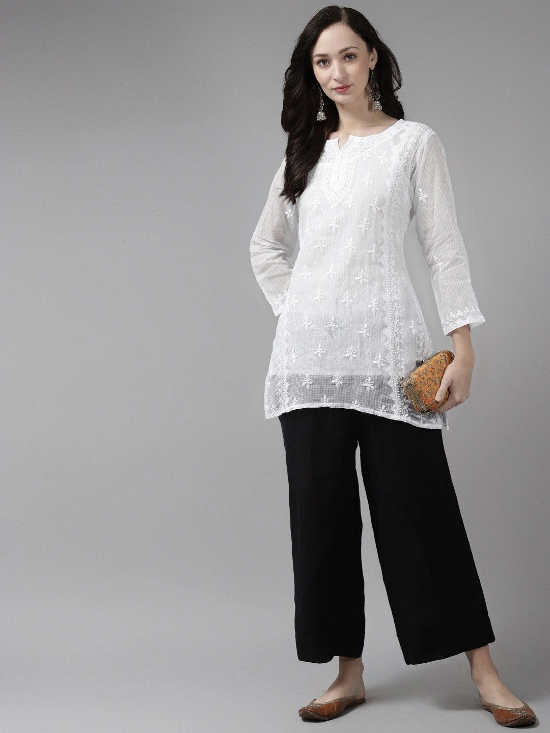 Ada Hand Embroidered White Kota Lucknowi Chikankari Short Kurti With Slip A911152