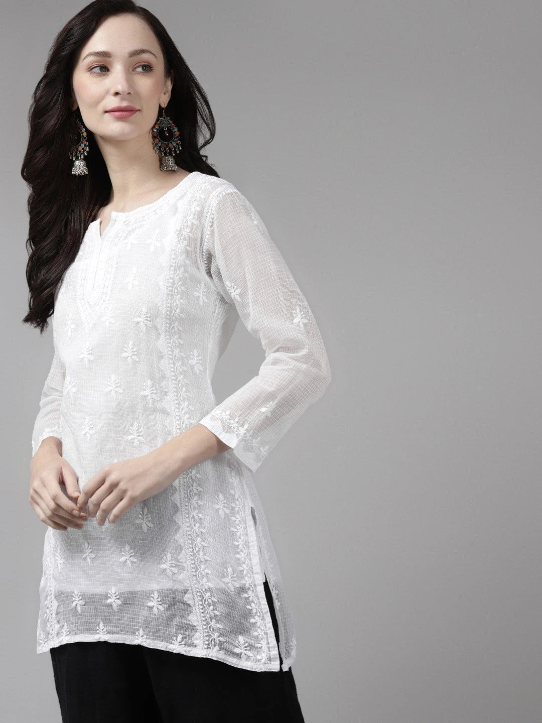 Ada Hand Embroidered White Kota Lucknowi Chikankari Short Kurti With Slip A911152