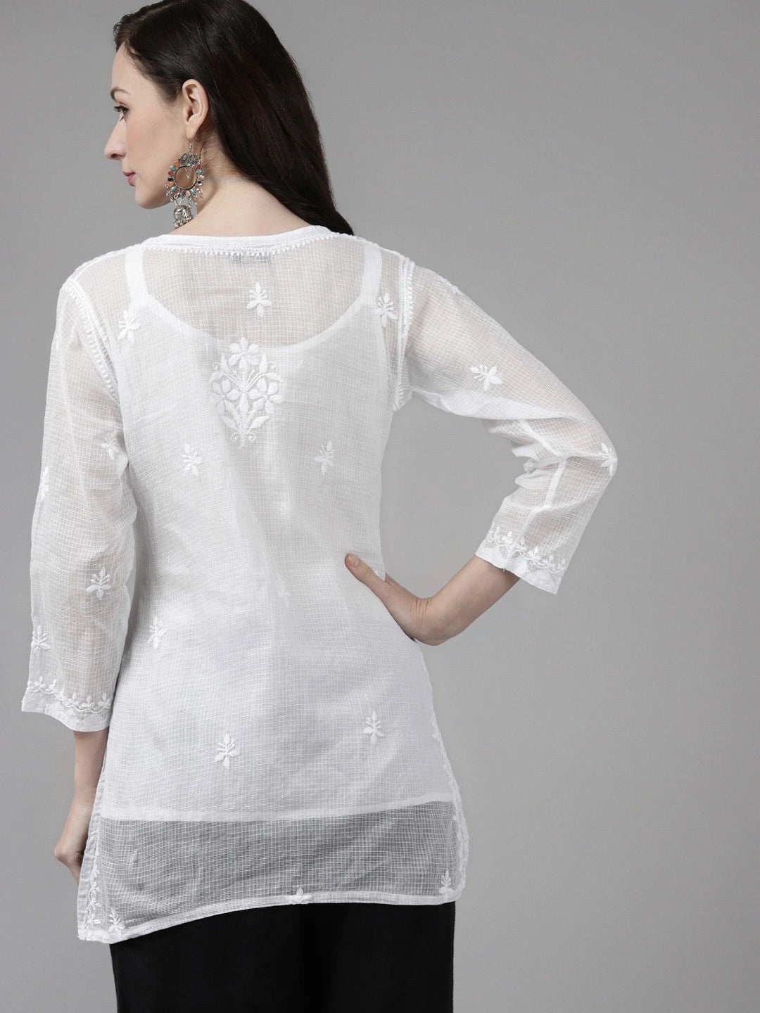 Ada Hand Embroidered White Kota Lucknowi Chikankari Short Kurti With Slip A911152