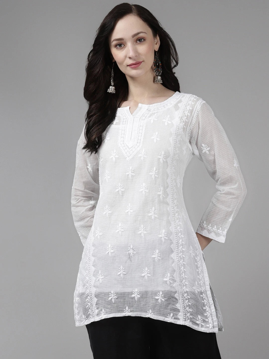 Ada Hand Embroidered White Kota Lucknowi Chikankari Short Kurti With Slip A911152