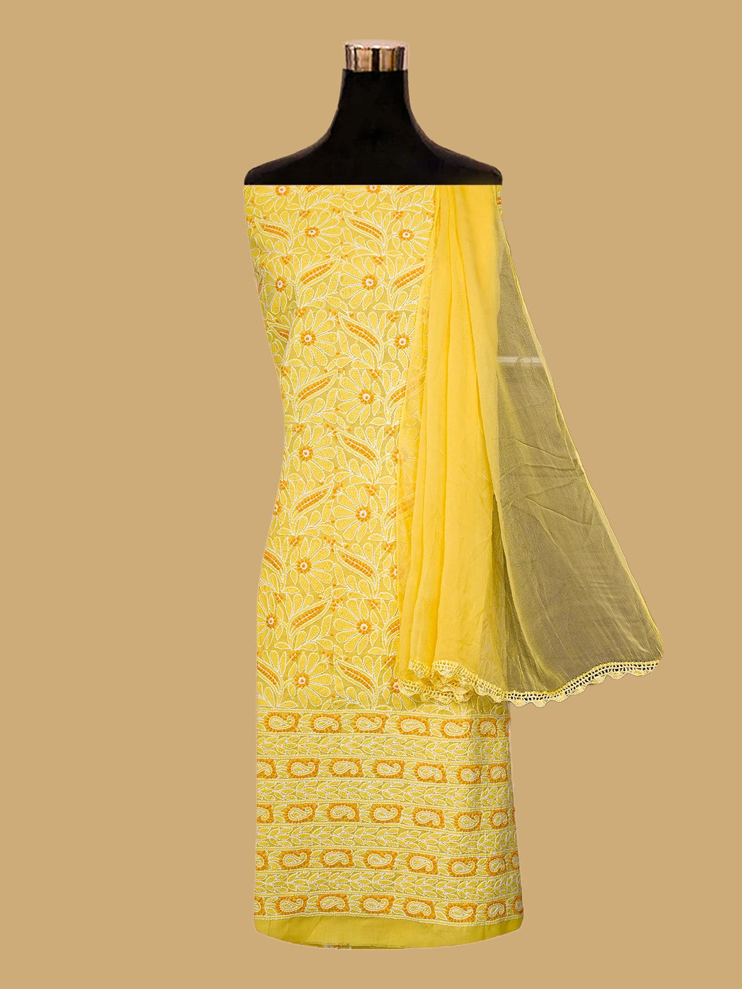 Ada Hand Embroidered Yellow Cotton Lucknowi Chikankari Unstitched Suit Piece 01A782873