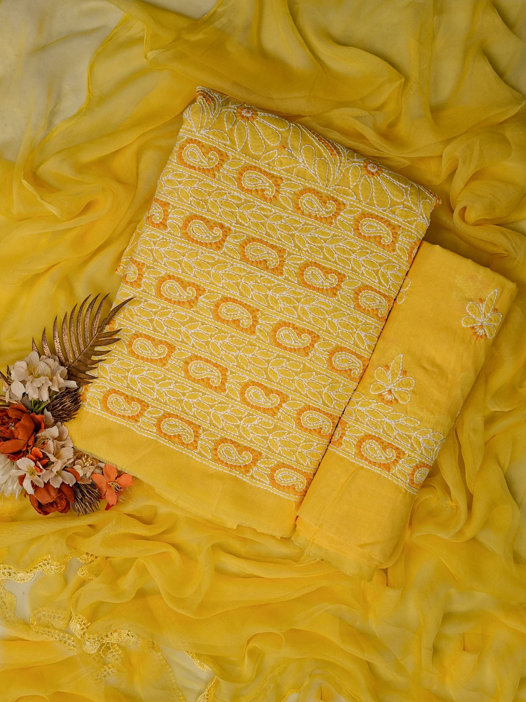 Ada Hand Embroidered Yellow Cotton Lucknowi Chikankari Unstitched Suit Piece 01A782873