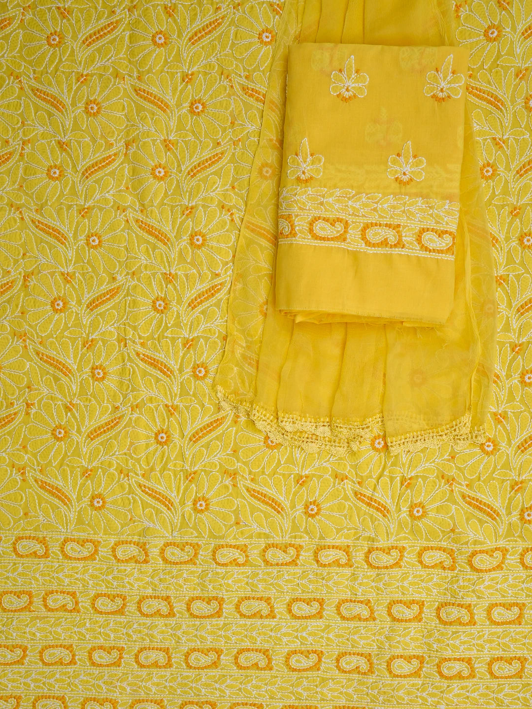 Ada Hand Embroidered Yellow Cotton Lucknowi Chikankari Unstitched Suit Piece 01A782873
