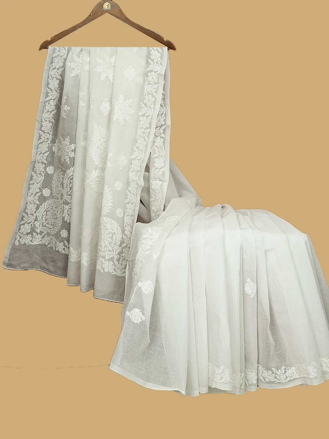 Ada Hand Embroidered White Cotton Lucknowi Chikankari Saree and Blouse 01A777955