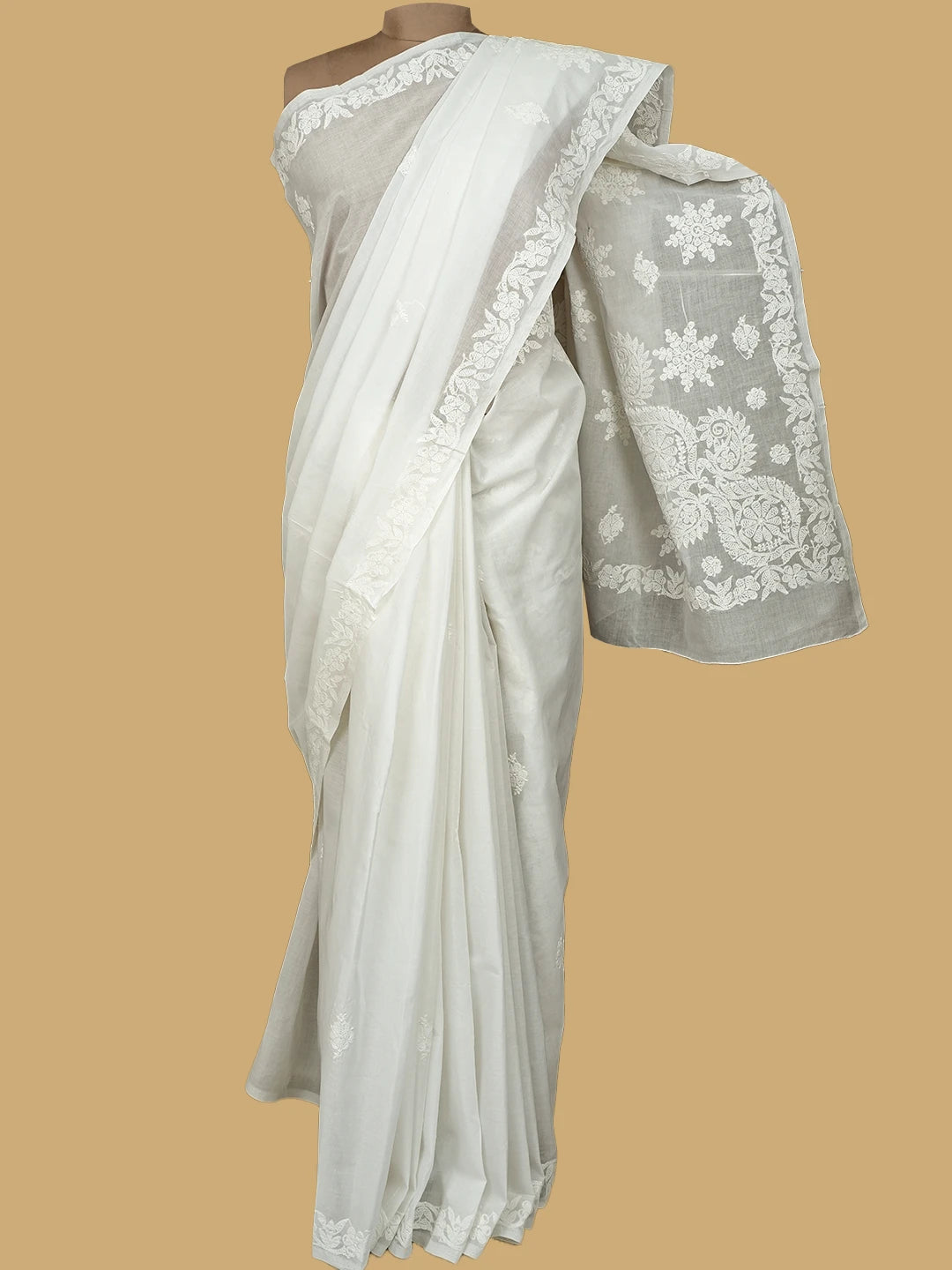 Ada Hand Embroidered White Cotton Lucknowi Chikankari Saree and Blouse 01A777955