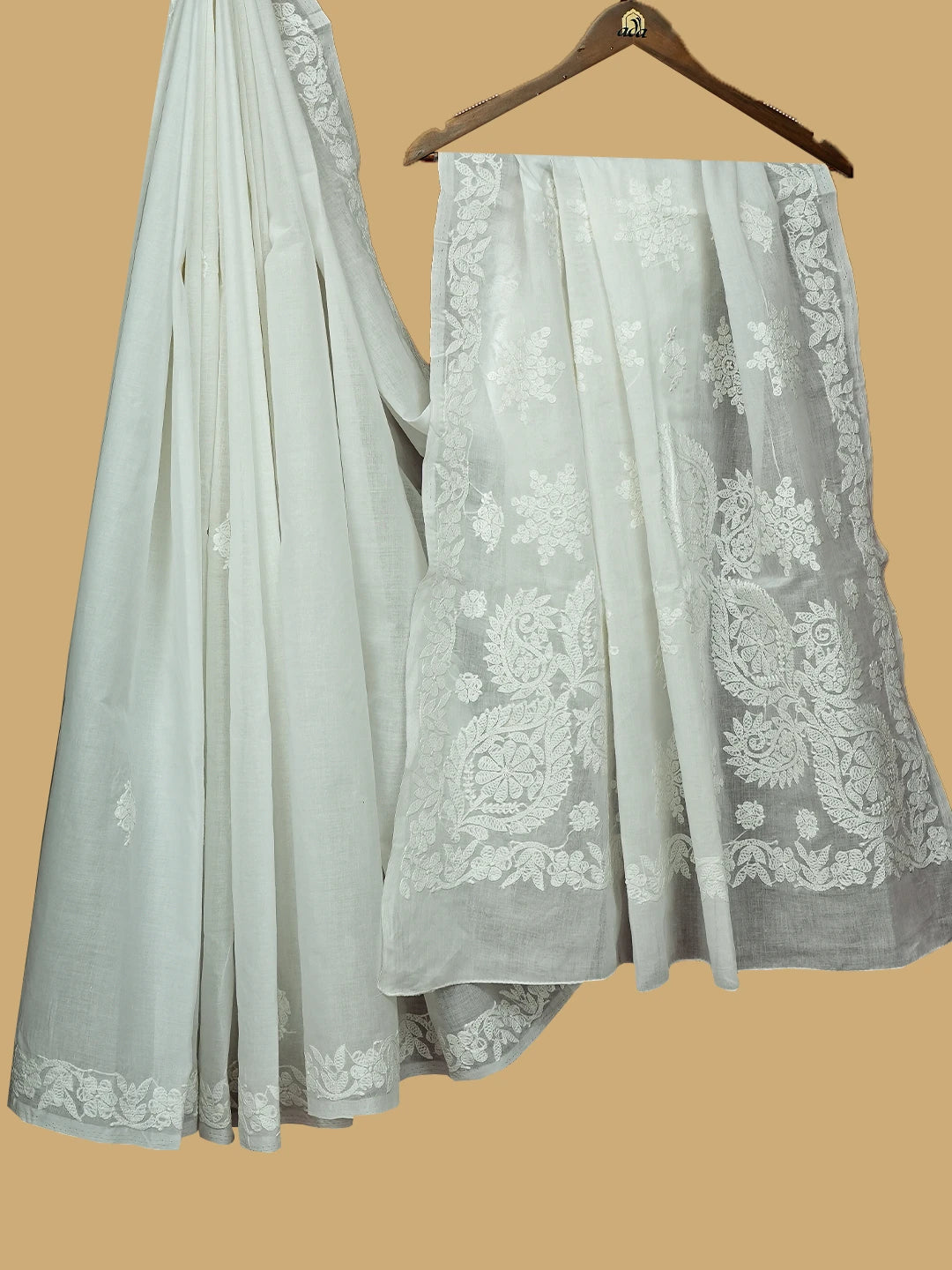 Ada Hand Embroidered White Cotton Lucknowi Chikankari Saree and Blouse 01A777955
