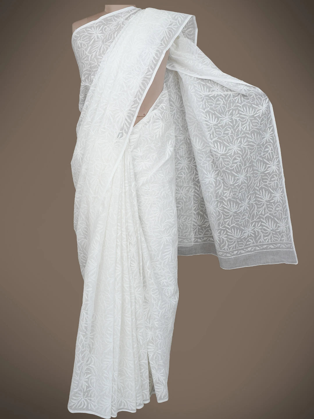 Ada Hand Embroidered White Cotton Lucknowi Chikankari Saree With Blouse 01A366089