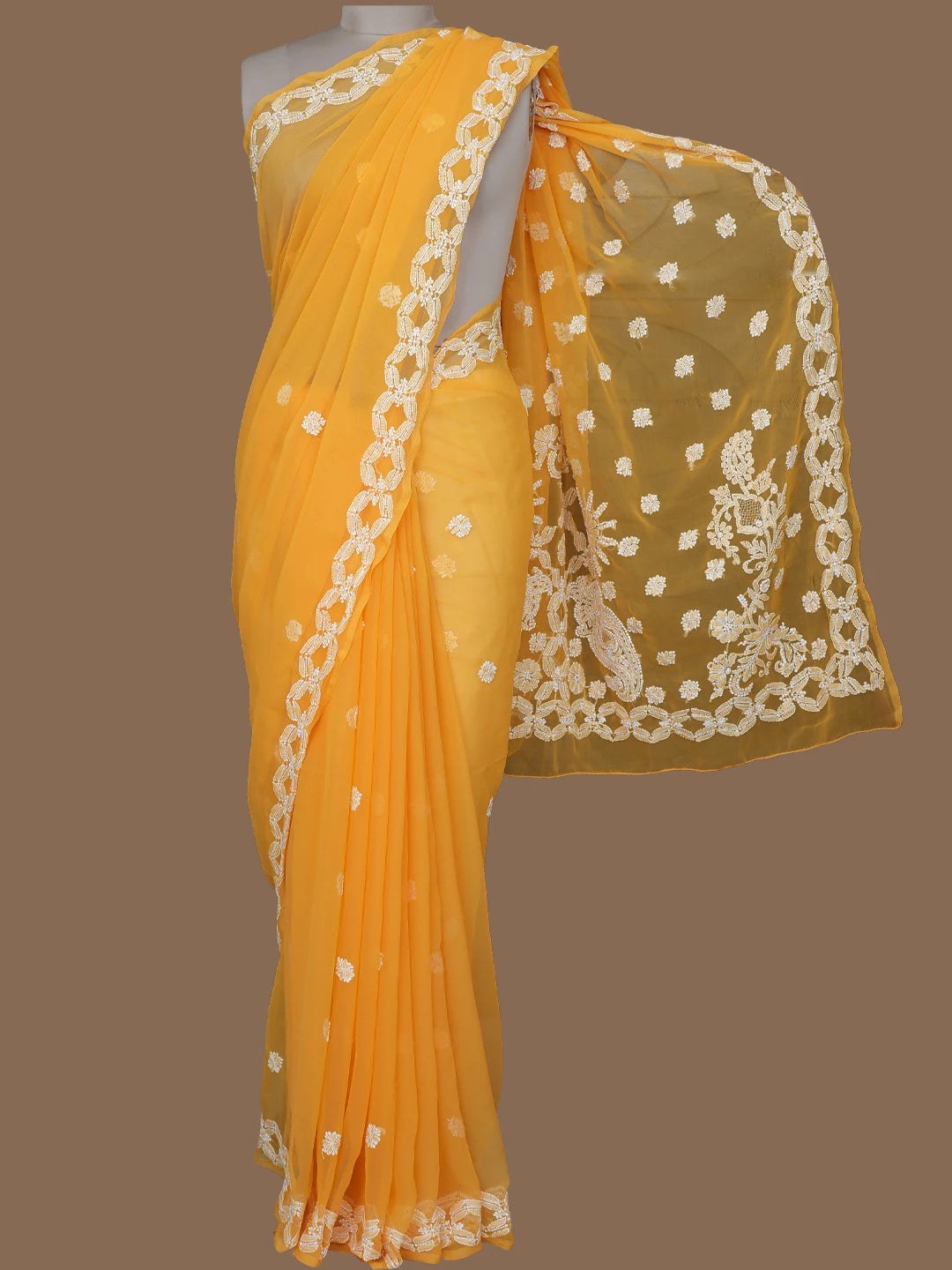 Ada Hand Embroidered Mustard Georgette Lucknowi Chikankari Saree With Blouse 01A770169