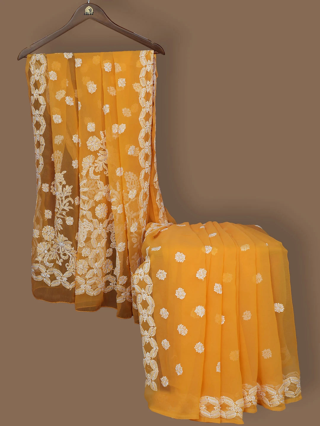 Ada Hand Embroidered Mustard Georgette Lucknowi Chikankari Saree With Blouse 01A770169