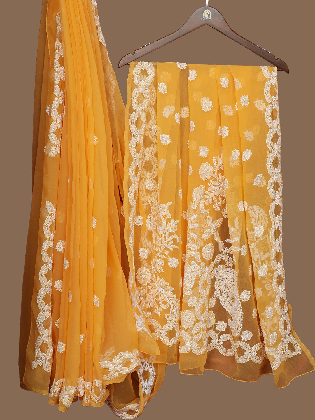 Ada Hand Embroidered Mustard Georgette Lucknowi Chikankari Saree With Blouse 01A770169