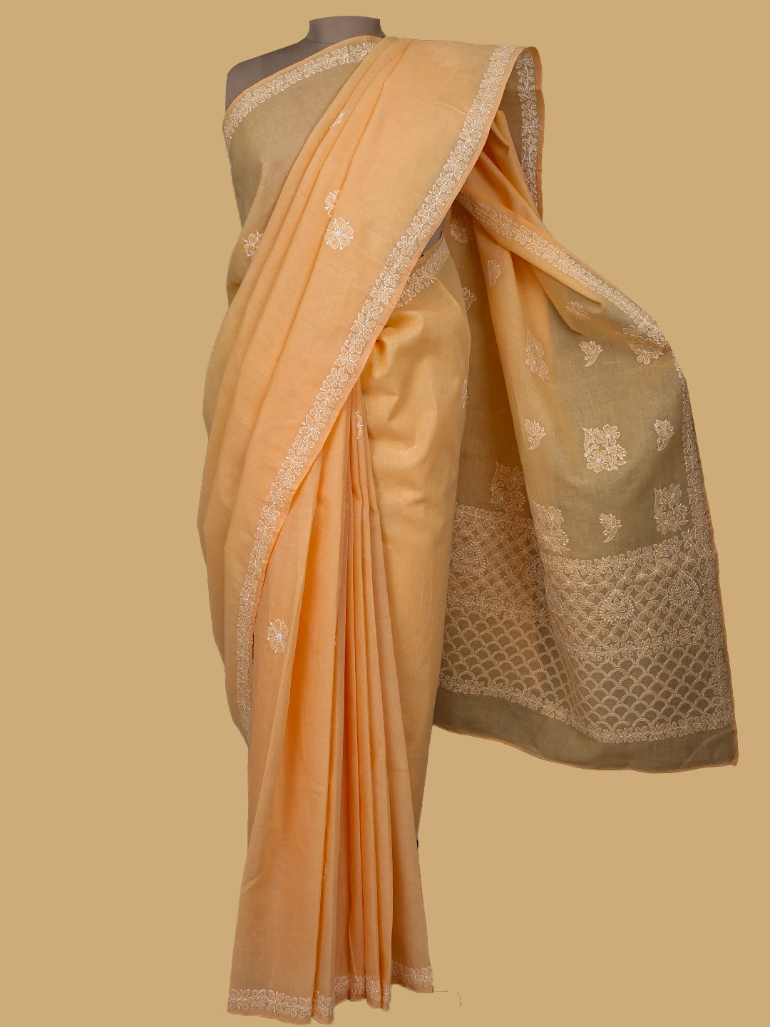 Ada Hand Embroidered Peach Cotton Lucknowi Chikankari Saree and Blouse 01A760481