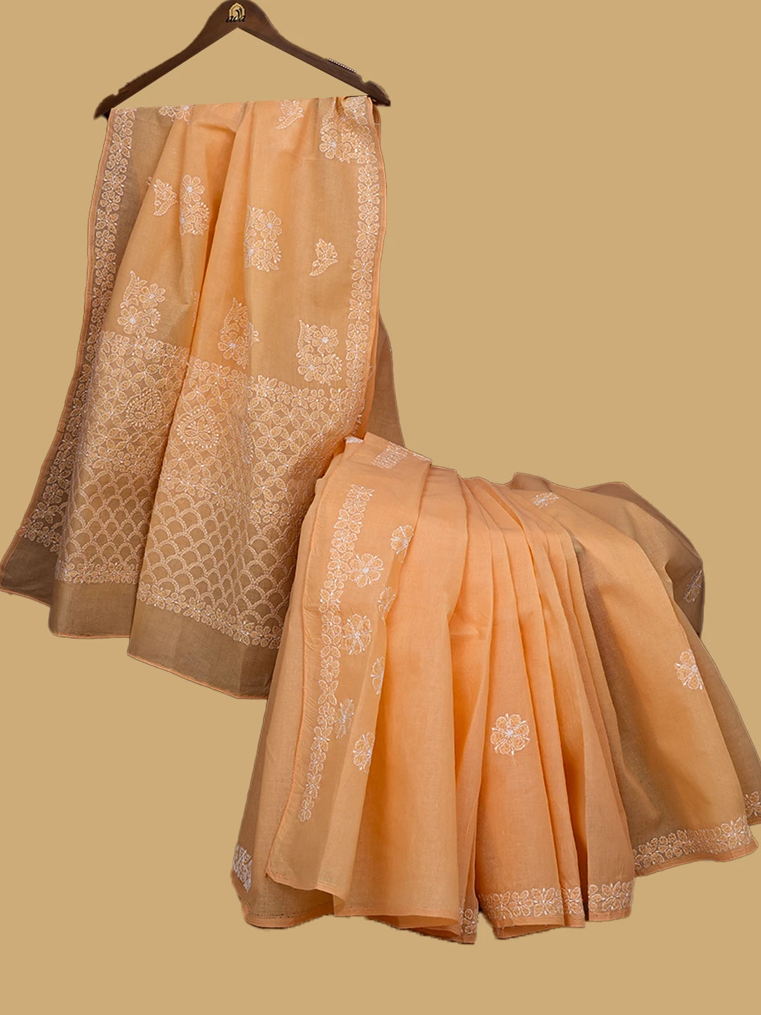 Ada Hand Embroidered Peach Cotton Lucknowi Chikankari Saree and Blouse 01A760481