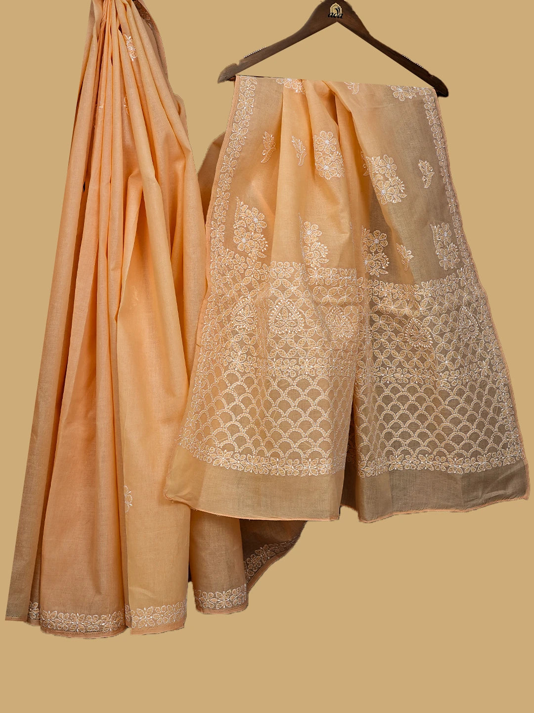 Ada Hand Embroidered Peach Cotton Lucknowi Chikankari Saree and Blouse 01A760481