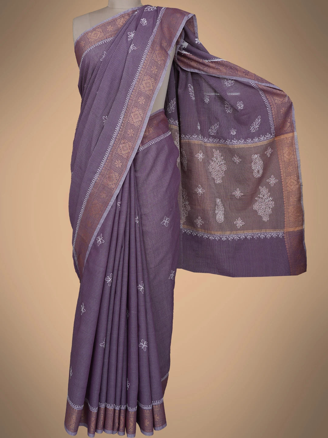 Ada Hand Embroidered Purple Chanderi Lucknowi Chikankari Saree With Blouse 01A776505
