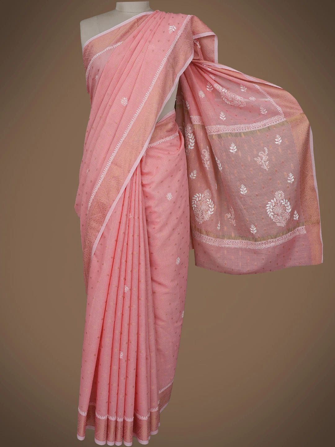 Ada Hand Embroidered Peach Pink Chanderi Lucknowi Chikankari Saree and Blouse 01A776749