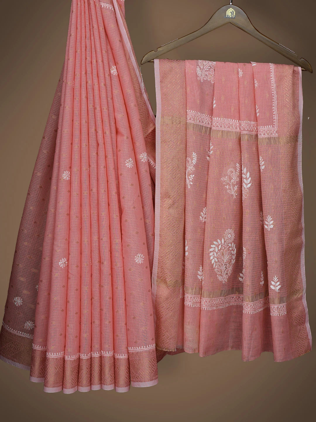 Ada Hand Embroidered Peach Pink Chanderi Lucknowi Chikankari Saree and Blouse 01A776749