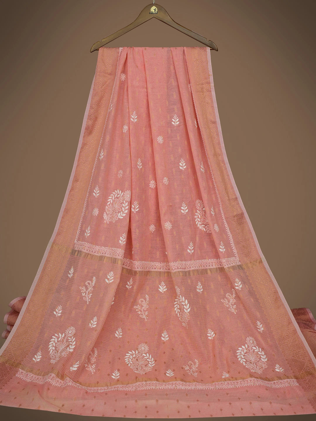 Ada Hand Embroidered Peach Pink Chanderi Lucknowi Chikankari Saree and Blouse 01A776749