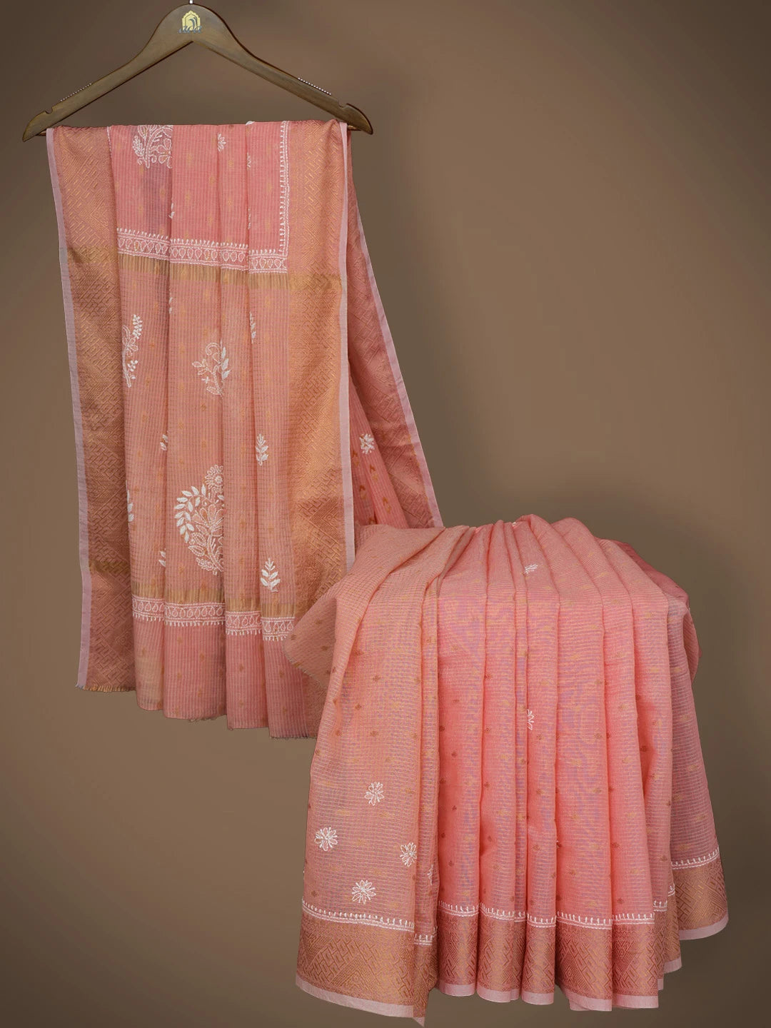 Ada Hand Embroidered Peach Pink Chanderi Lucknowi Chikankari Saree and Blouse 01A776749