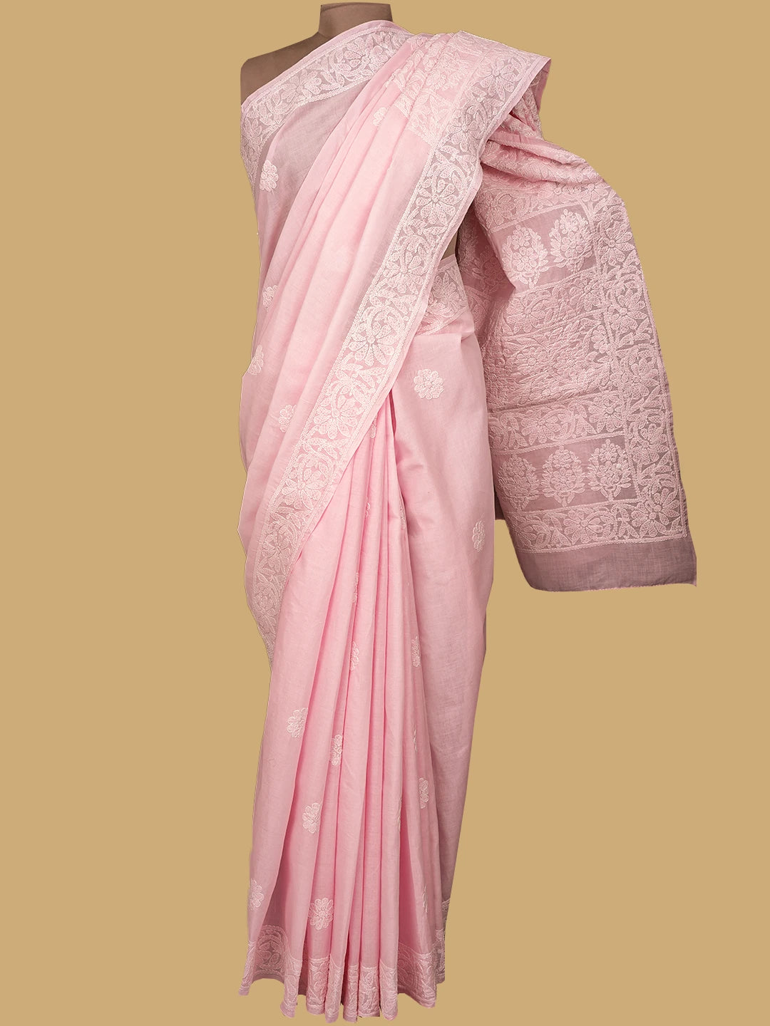Ada Hand Embroidered Pink Cotton Lucknowi Chikankari Saree With Blouse 01A777265