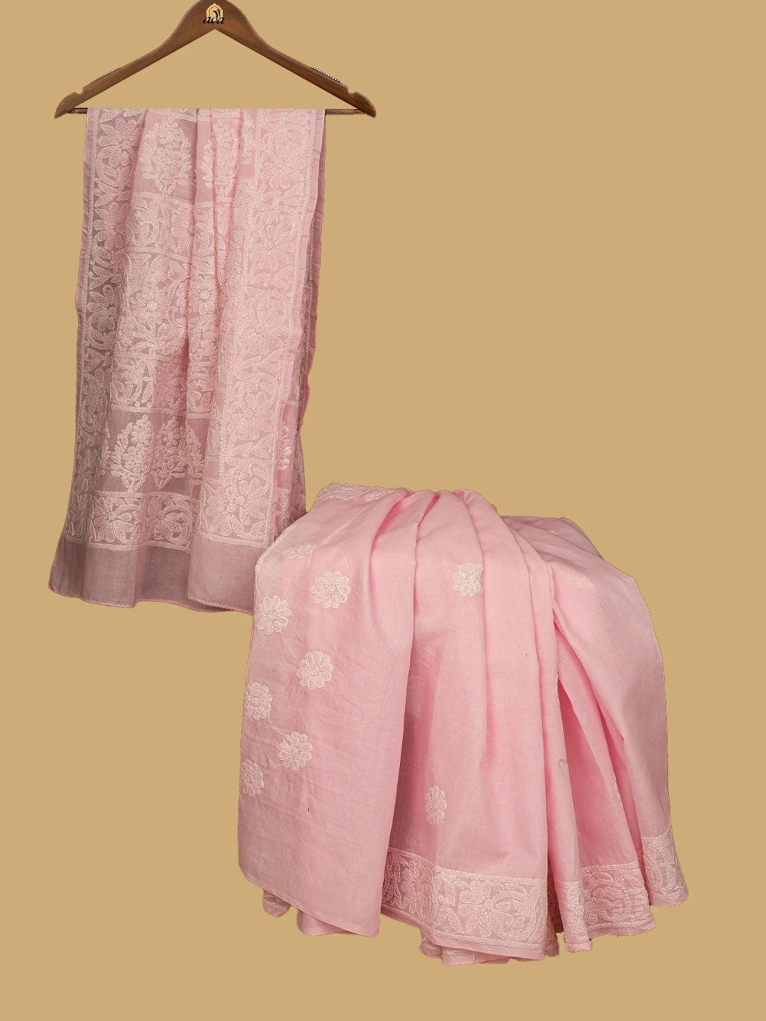 Ada Hand Embroidered Pink Cotton Lucknowi Chikankari Saree With Blouse 01A777265