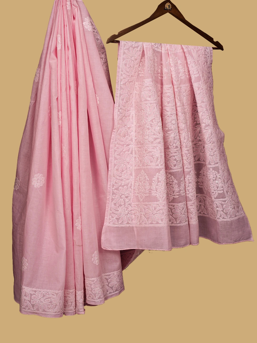 Ada Hand Embroidered Pink Cotton Lucknowi Chikankari Saree With Blouse 01A777265