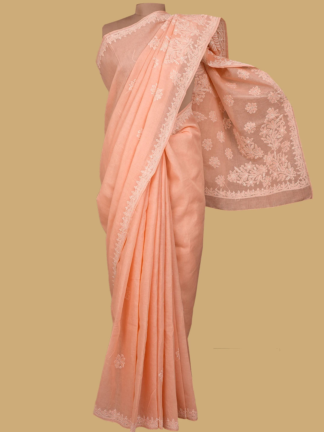 Ada Hand Embroidered Peach Cotton Lucknowi Chikankari Saree With Blouse 01A717582
