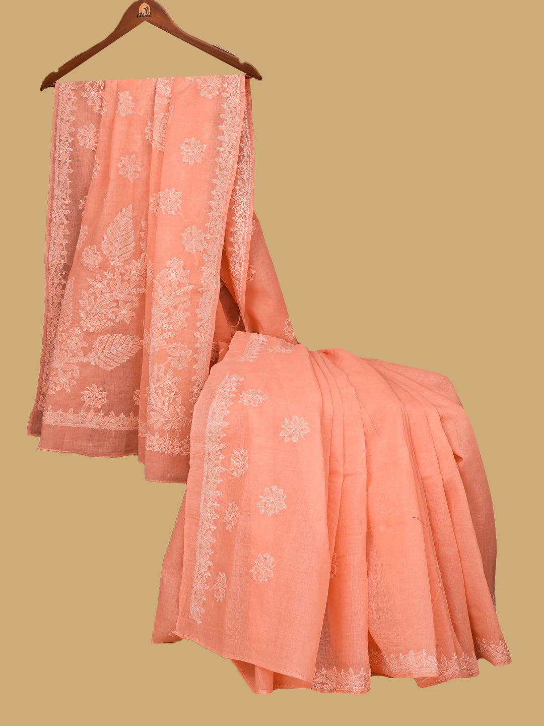 Ada Hand Embroidered Peach Cotton Lucknowi Chikankari Saree With Blouse 01A717582