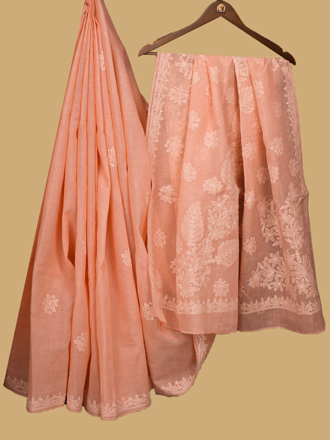 Ada Hand Embroidered Peach Cotton Lucknowi Chikankari Saree With Blouse 01A717582
