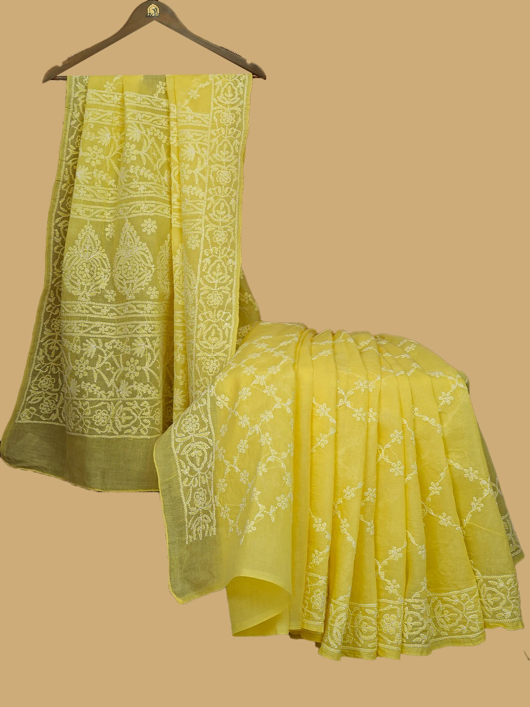 Ada Hand Embroidered Yellow Cotton Lucknowi Chikankari Saree With Blouse 01A760495